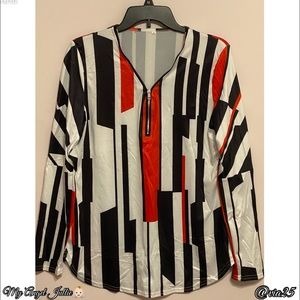 V- Neckline Zipper Long Sleeve Women’s Blouse Color: Red, Black and White